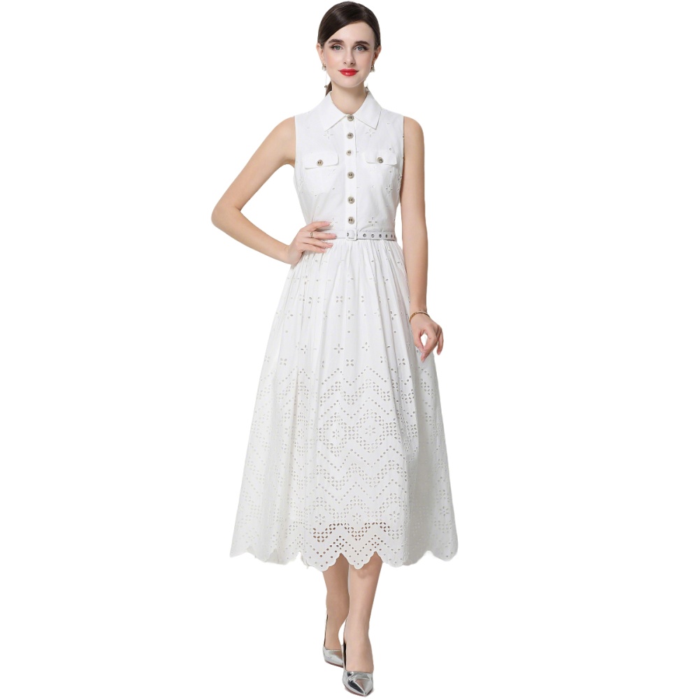 With belt sleeveless hollow dress temperament simple long dress