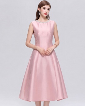 France style round neck rhinestone satin simple dress