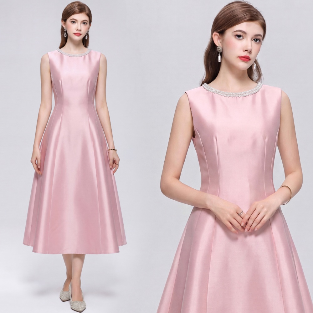 France style round neck rhinestone satin simple dress