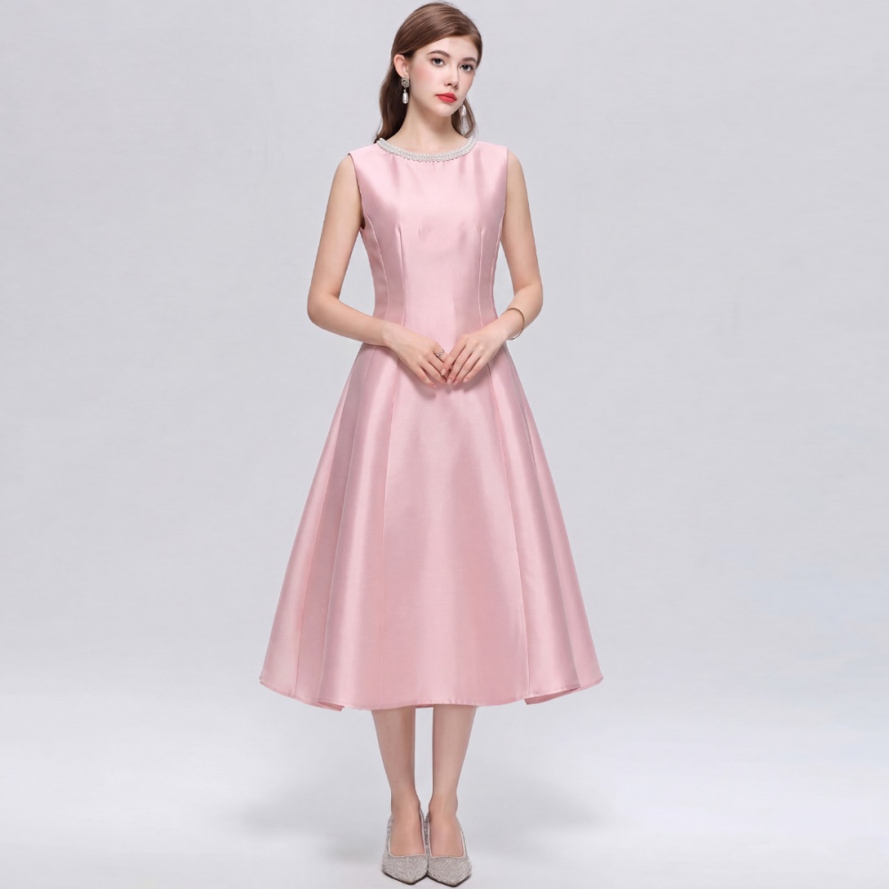 France style round neck rhinestone satin simple dress