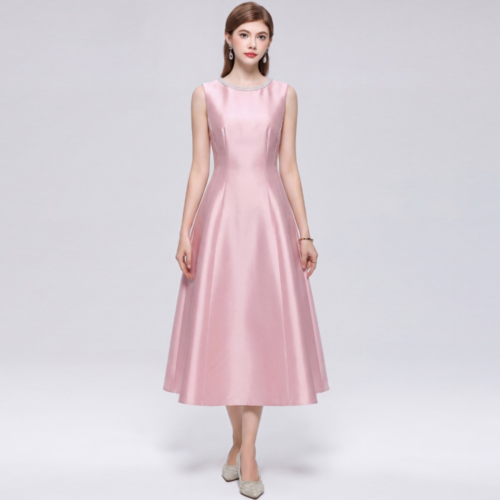 France style round neck rhinestone satin simple dress