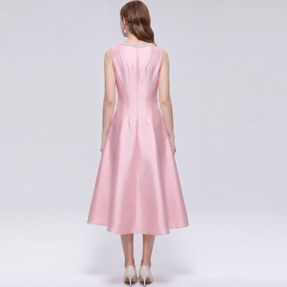 France style round neck rhinestone satin simple dress