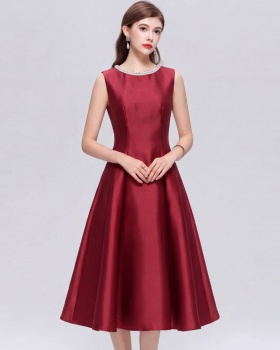 Satin simple high waist rhinestone round neck A-line dress