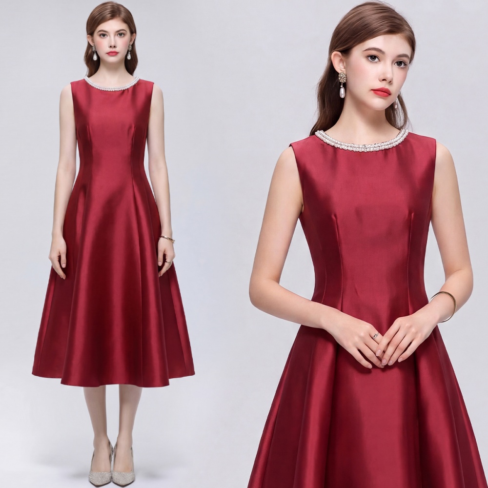Satin simple high waist rhinestone round neck A-line dress