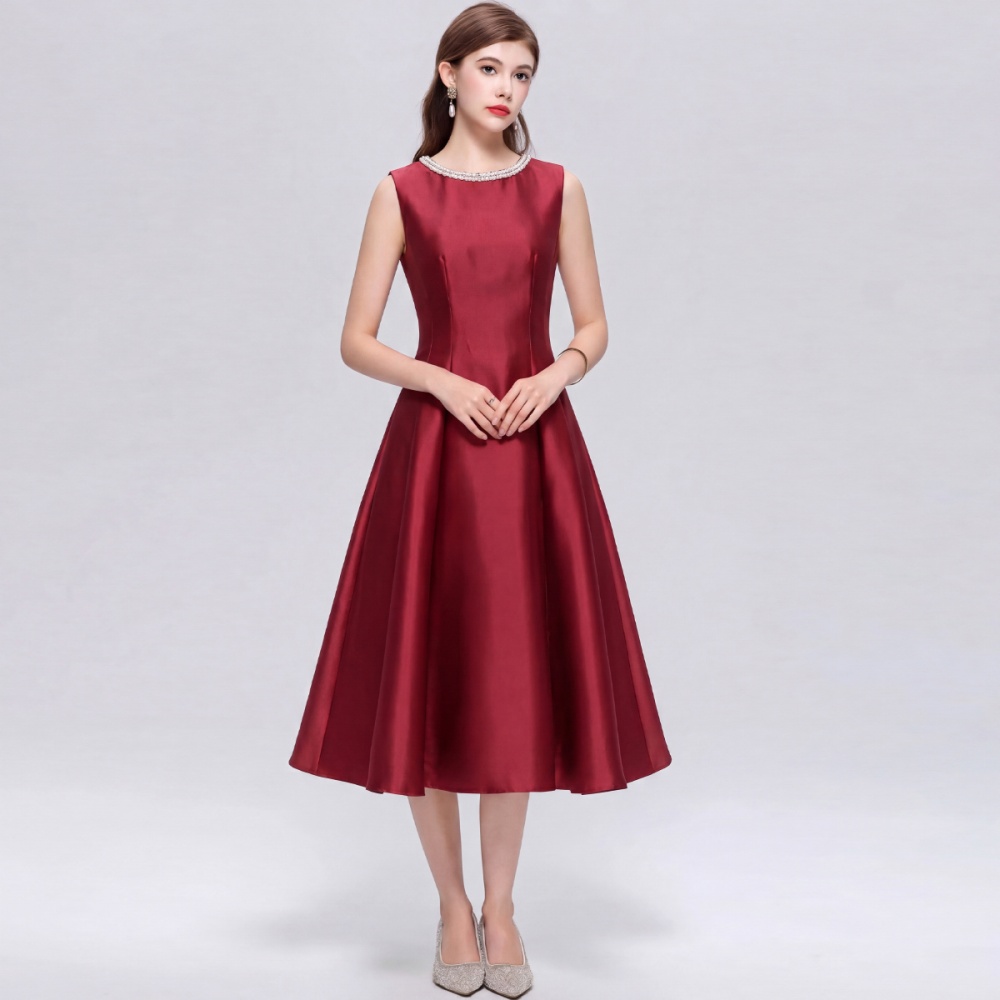 Satin simple high waist rhinestone round neck A-line dress