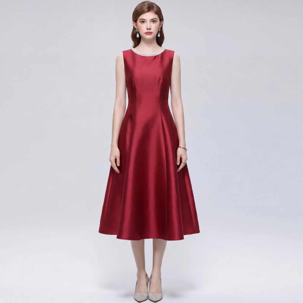 Satin simple high waist rhinestone round neck A-line dress
