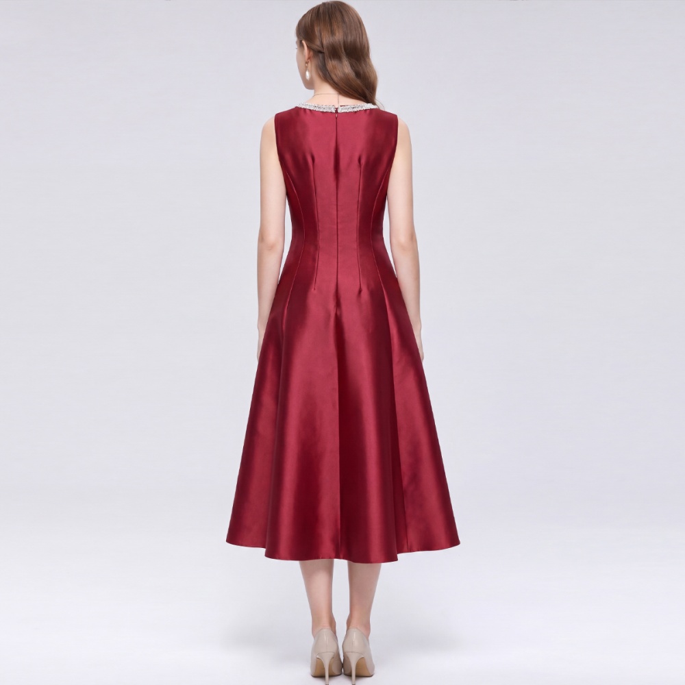 Satin simple high waist rhinestone round neck A-line dress