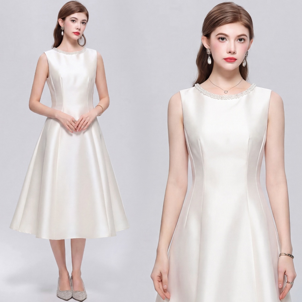 Rhinestone France style slim A-line round neck dress