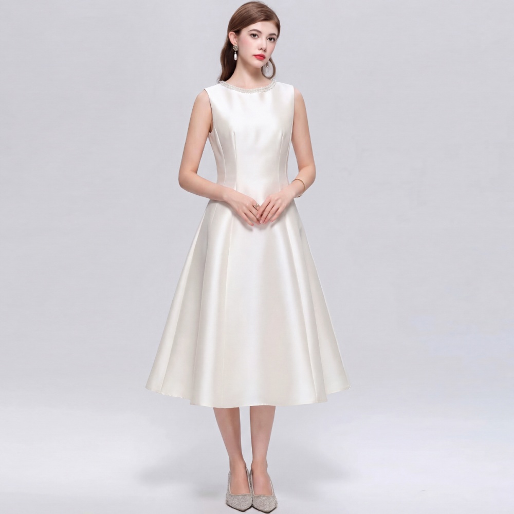 Rhinestone France style slim A-line round neck dress