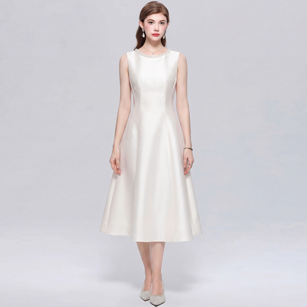 Rhinestone France style slim A-line round neck dress