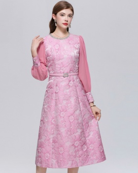 France style with belt slim jacquard dress