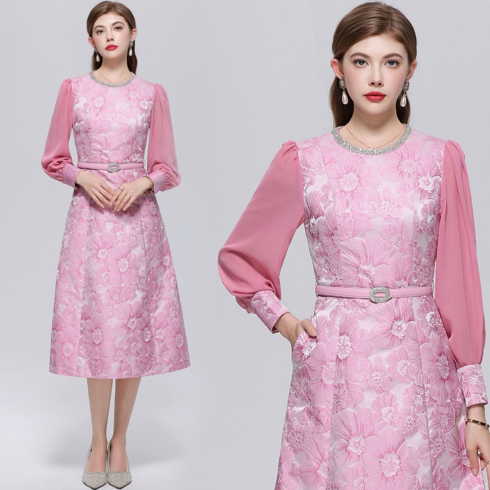 France style with belt slim jacquard dress