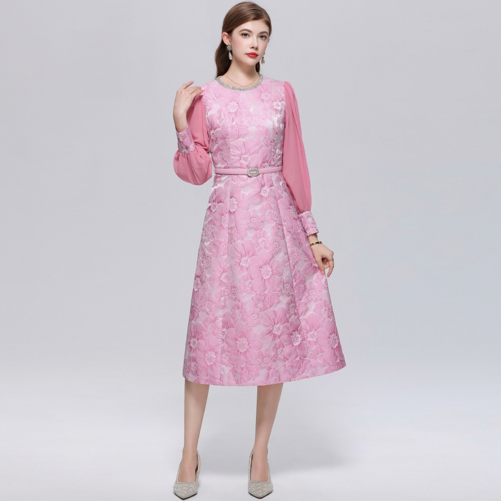 France style with belt slim jacquard dress