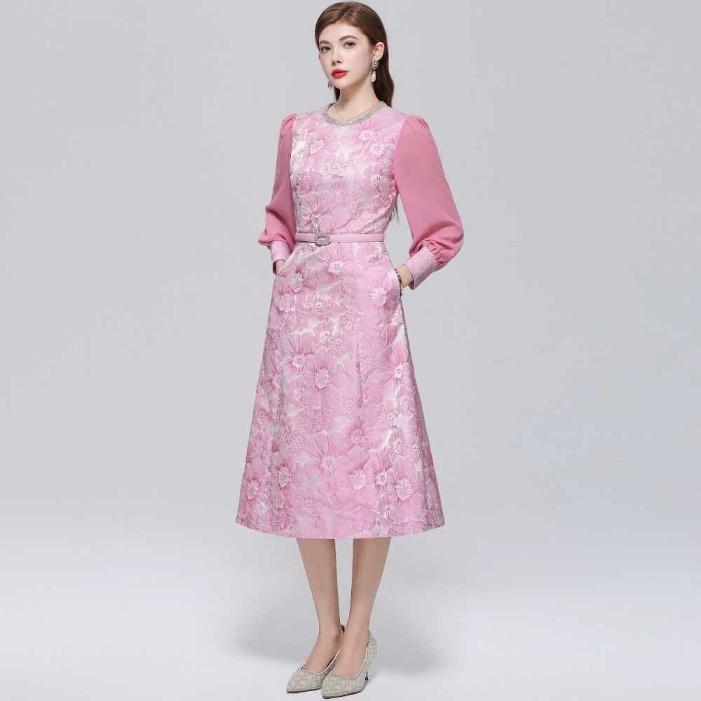 France style with belt slim jacquard dress