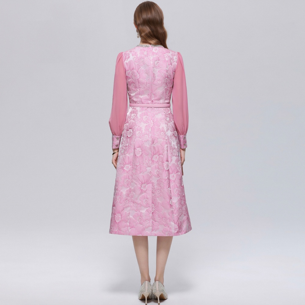 France style with belt slim jacquard dress