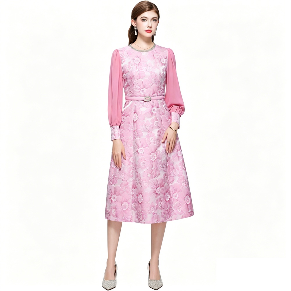 France style with belt slim jacquard dress