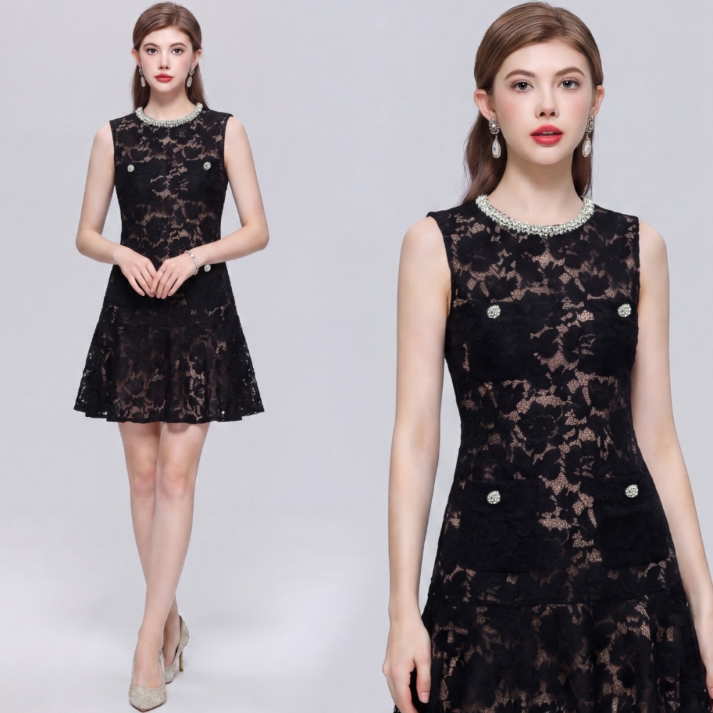 Flowers ladies sleeveless France style round neck dress
