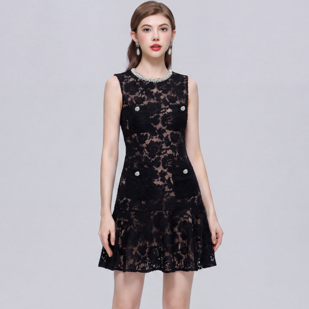 Flowers ladies sleeveless France style round neck dress