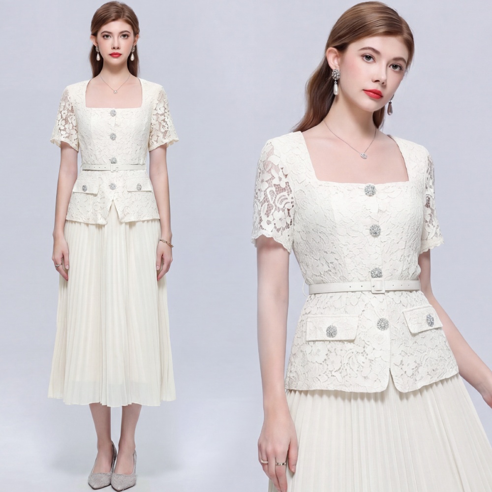 Short sleeve slim square collar Pseudo-two pleated dress