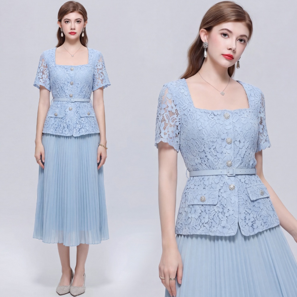 Lace pinched waist with belt square collar ladies slim dress