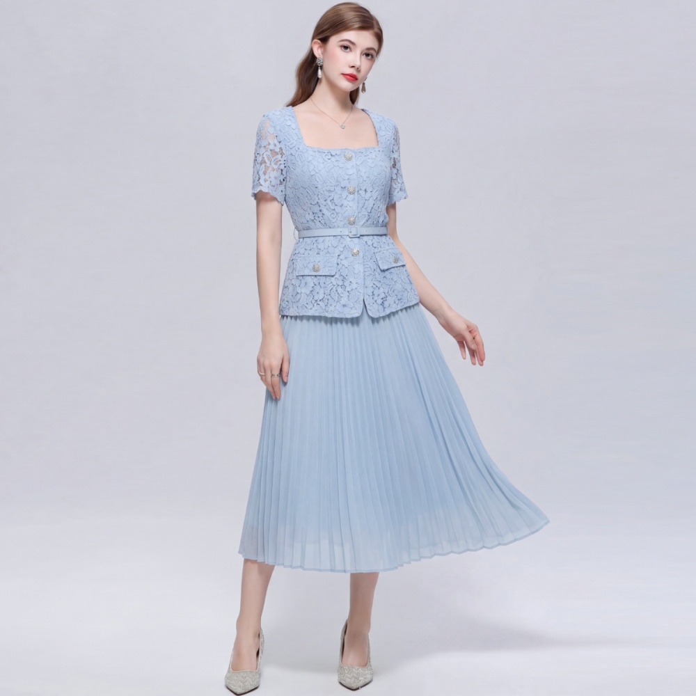 Lace pinched waist with belt square collar ladies slim dress