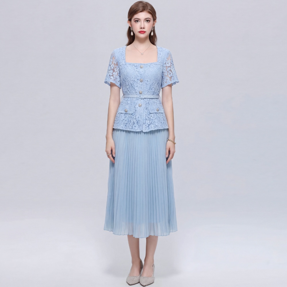 Lace pinched waist with belt square collar ladies slim dress