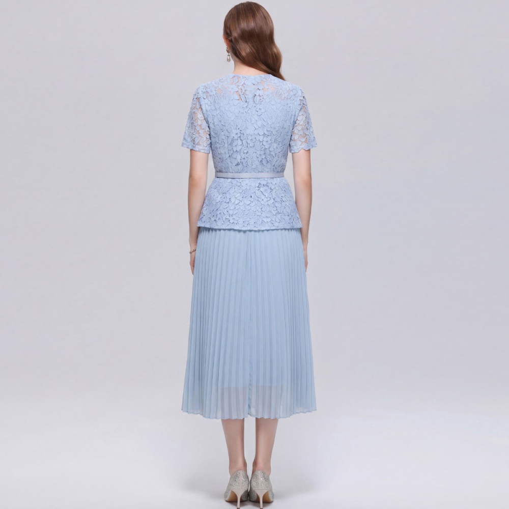 Lace pinched waist with belt square collar ladies slim dress