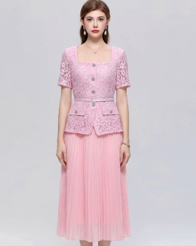 France style square collar with belt dress