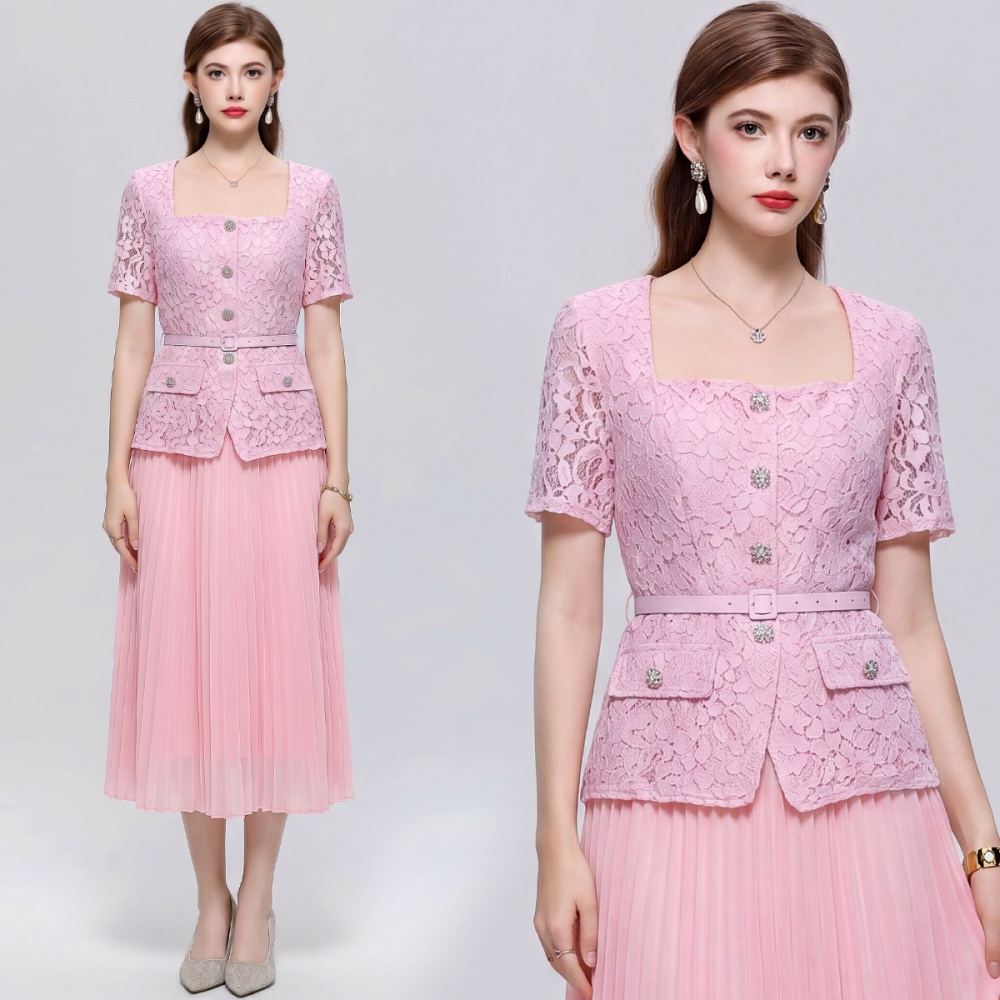 France style square collar with belt dress