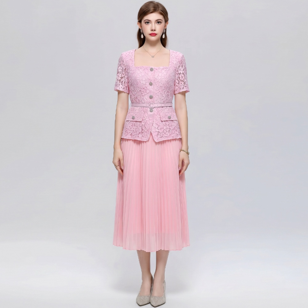 France style square collar with belt dress