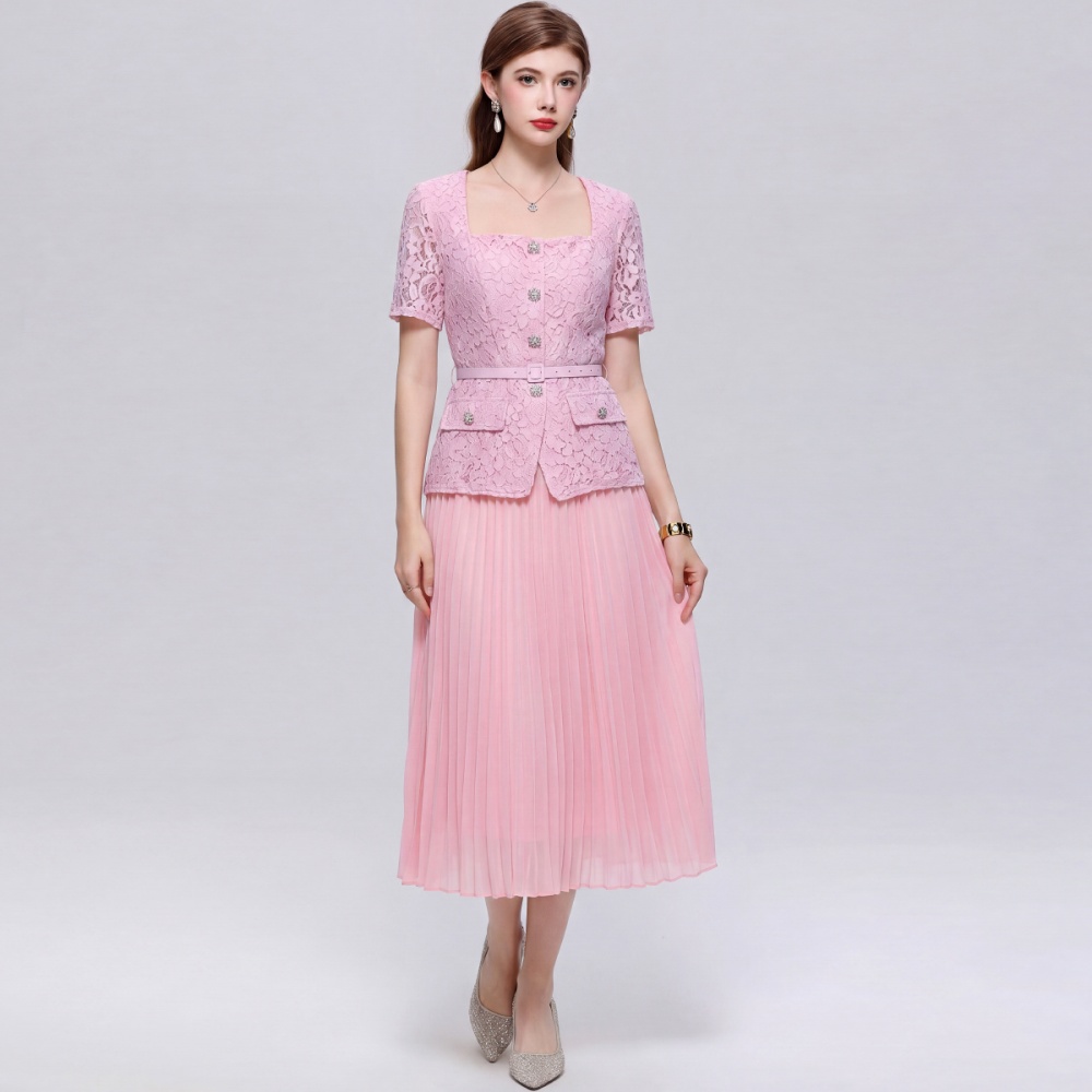 France style square collar with belt dress