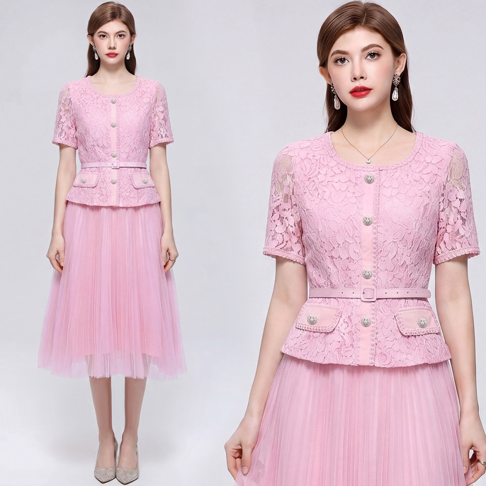 Slim short sleeve pleated pinched waist dress
