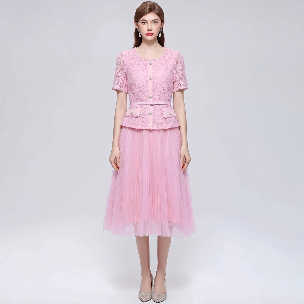 Slim short sleeve pleated pinched waist dress
