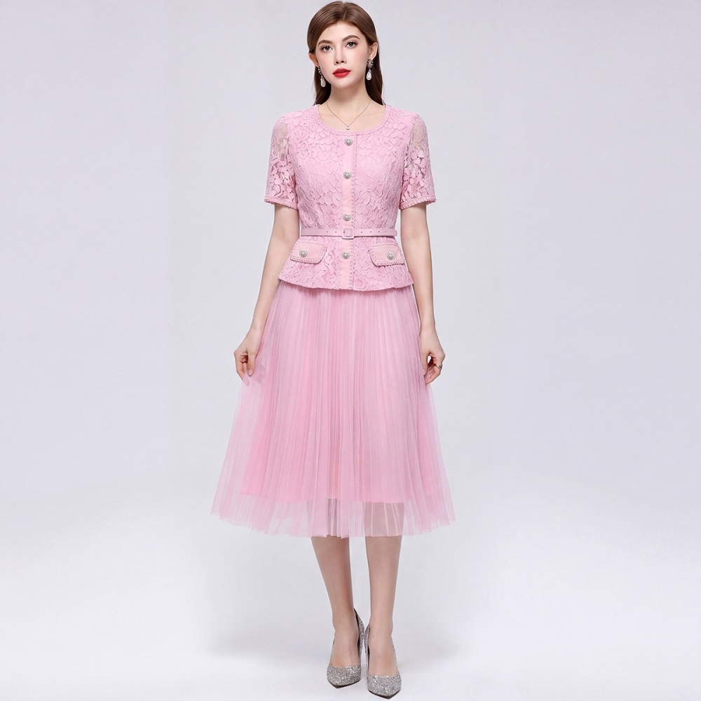 Slim short sleeve pleated pinched waist dress