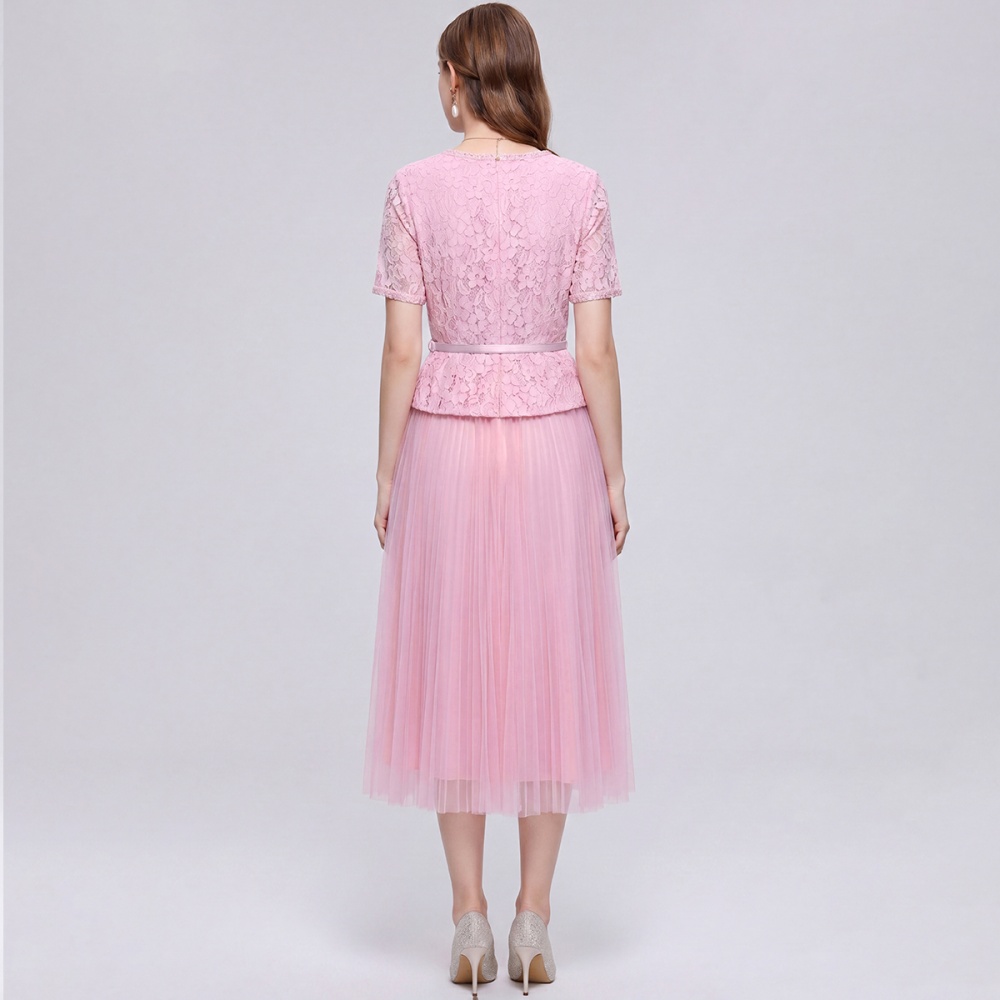 Slim short sleeve pleated pinched waist dress