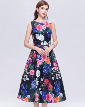 High waist pinched waist A-line clipping printing dress