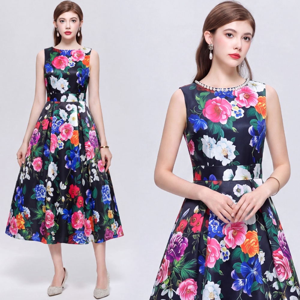 High waist pinched waist A-line clipping printing dress