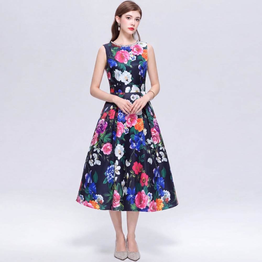 High waist pinched waist A-line clipping printing dress