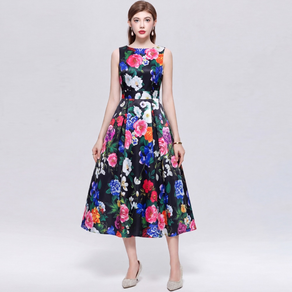 High waist pinched waist A-line clipping printing dress