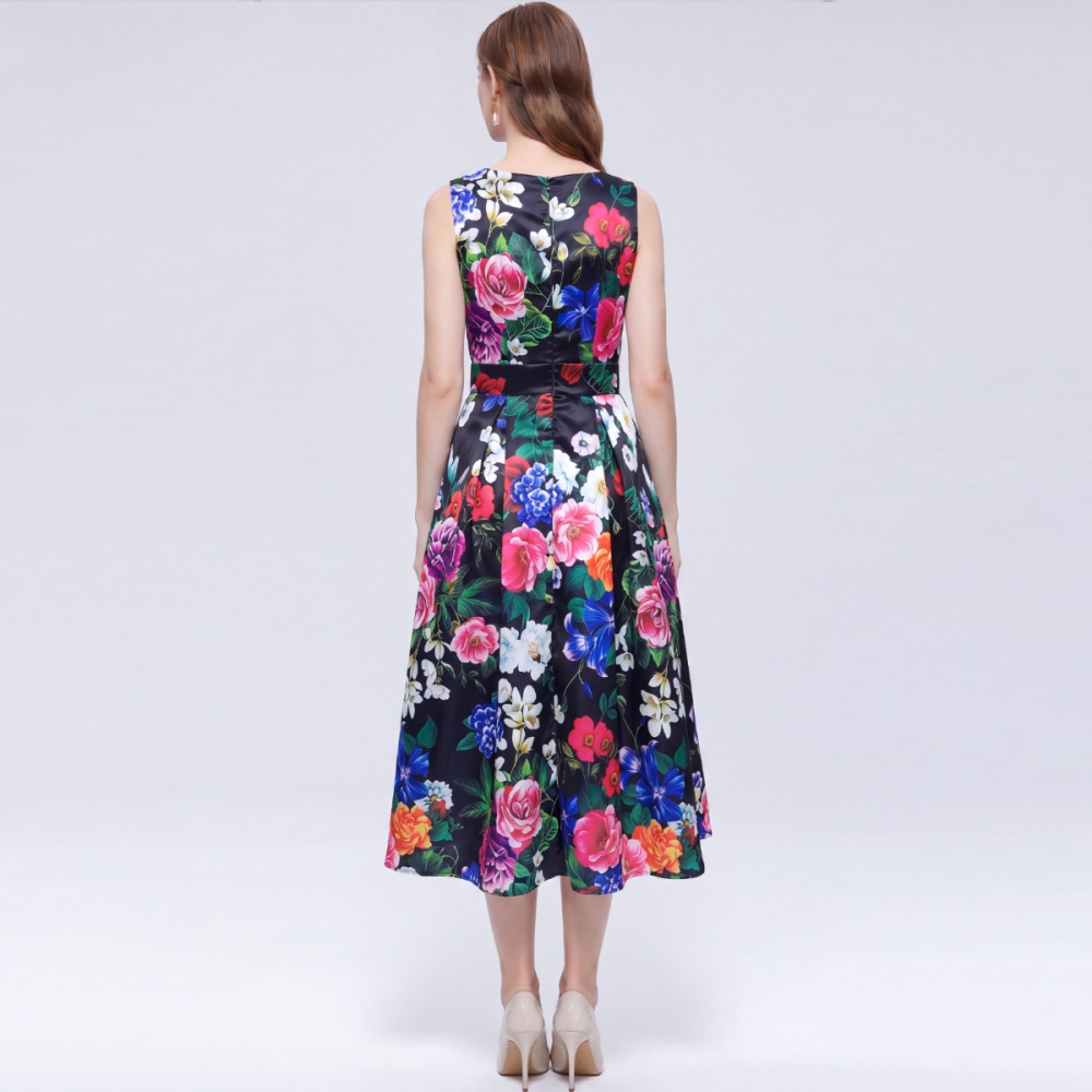 High waist pinched waist A-line clipping printing dress