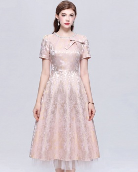Short sleeve inlay pearl jacquard lady dress slim gauze dress