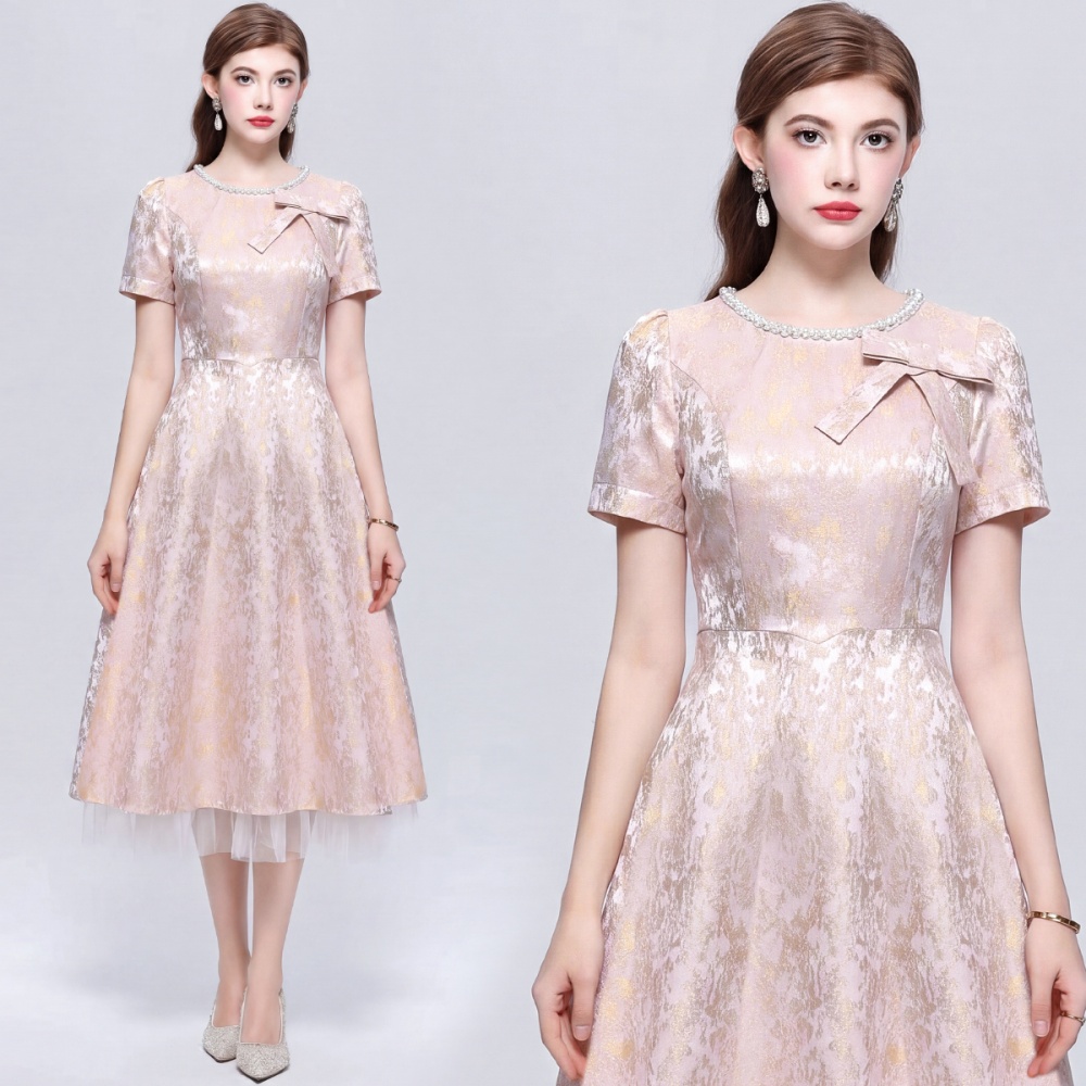 Short sleeve inlay pearl jacquard lady dress slim gauze dress