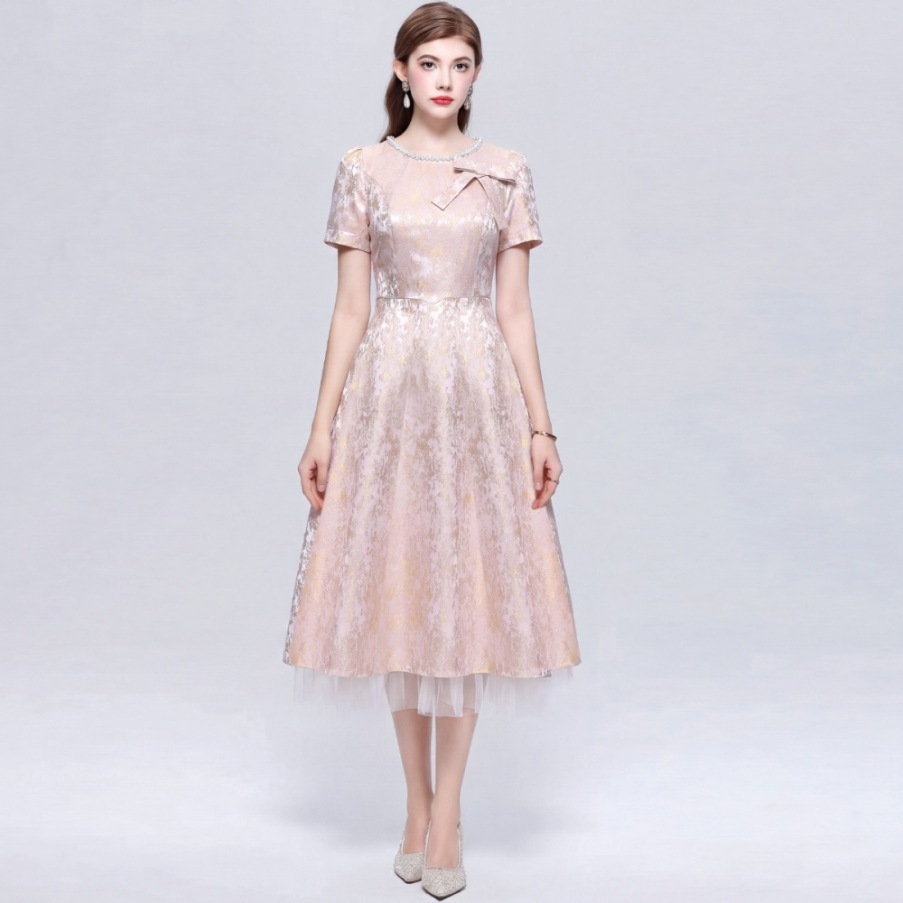 Short sleeve inlay pearl jacquard lady dress slim gauze dress