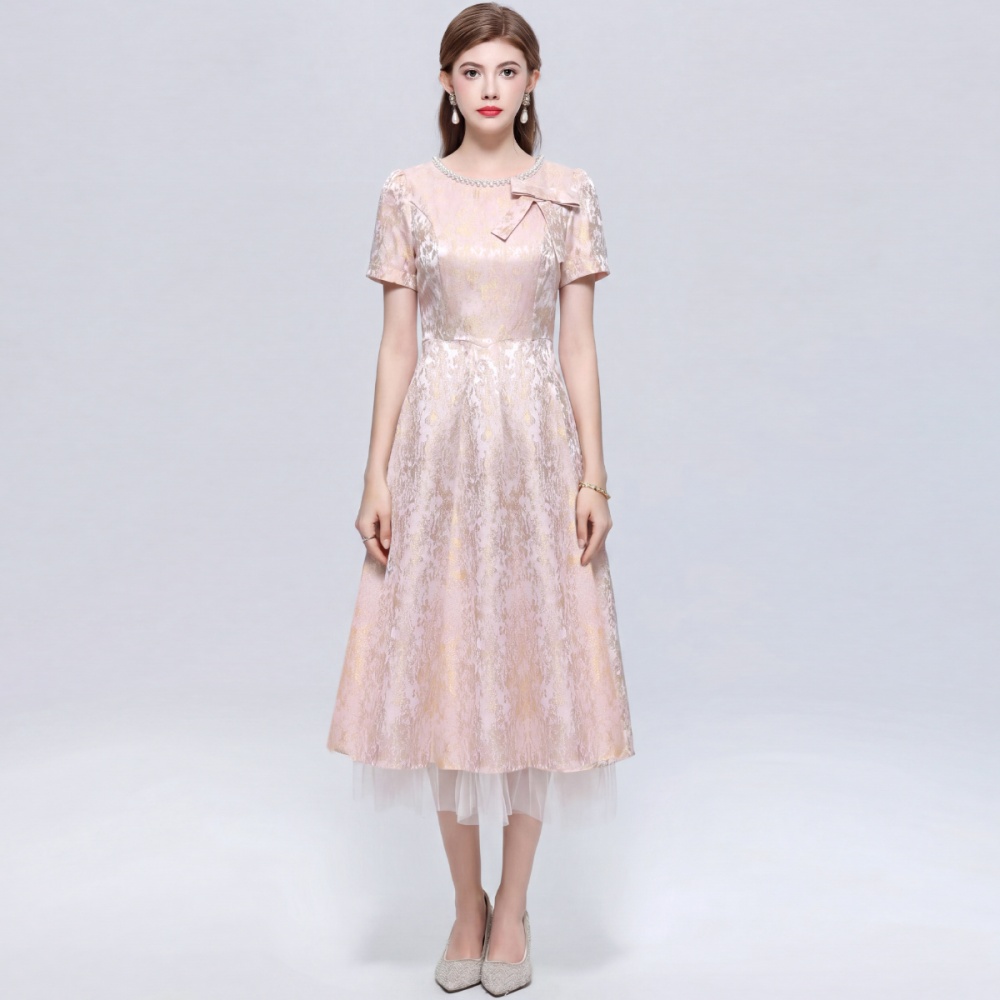 Short sleeve inlay pearl jacquard lady dress slim gauze dress