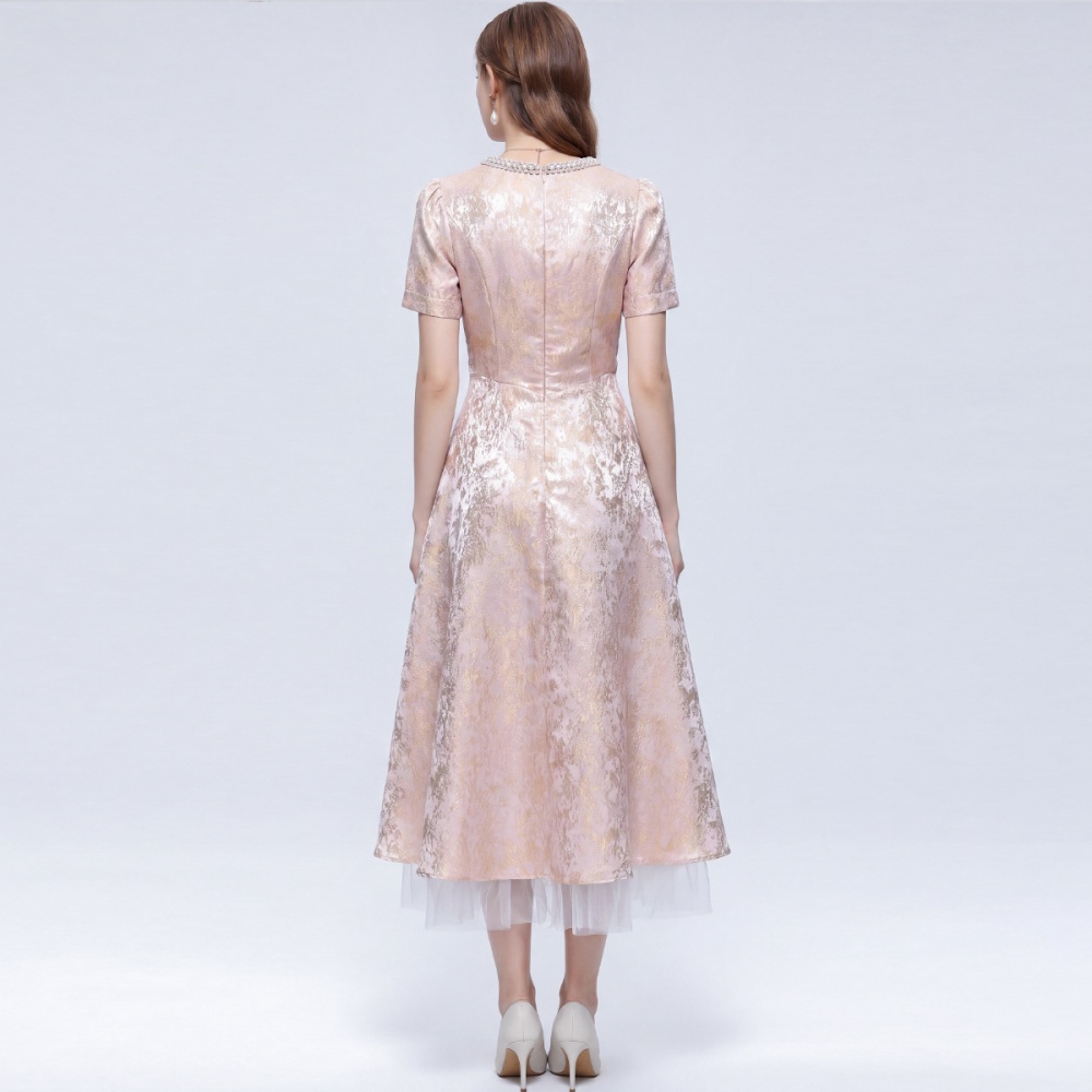 Short sleeve inlay pearl jacquard lady dress slim gauze dress