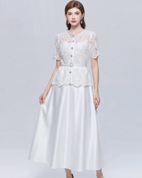 Slim elegant lace pinched waist hollow dress