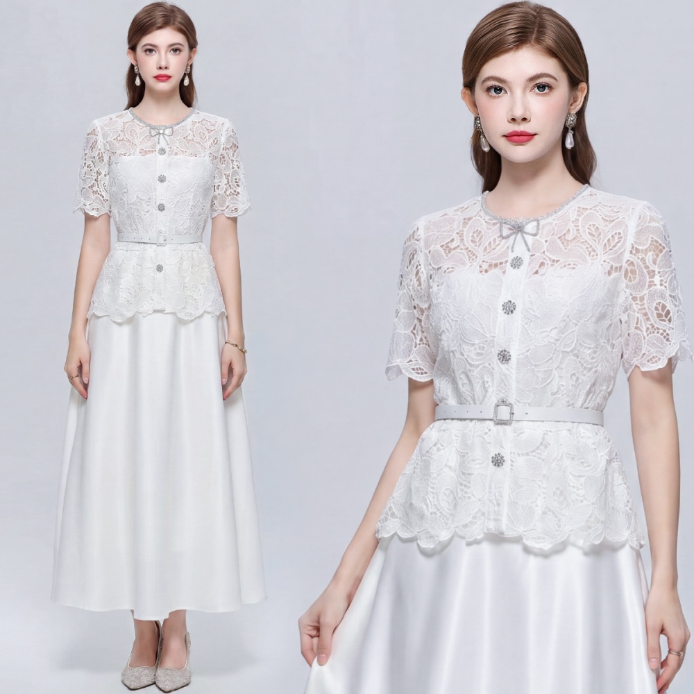 Slim elegant lace pinched waist hollow dress