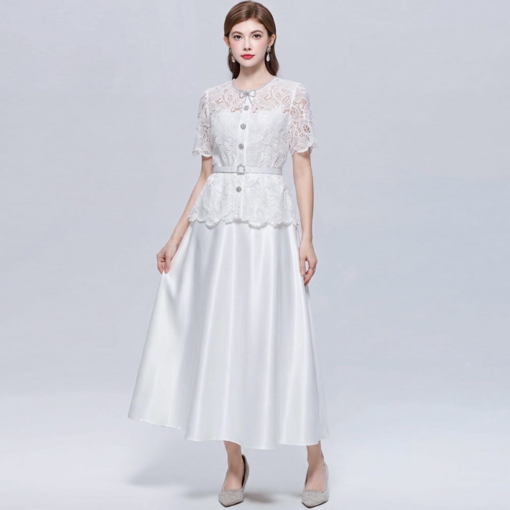 Slim elegant lace pinched waist hollow dress