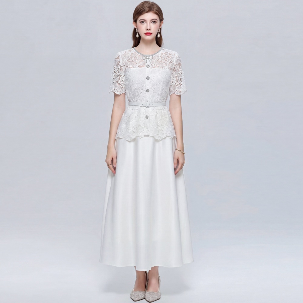 Slim elegant lace pinched waist hollow dress
