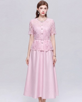 Short sleeve with belt elegant pinched waist Pseudo-two dress